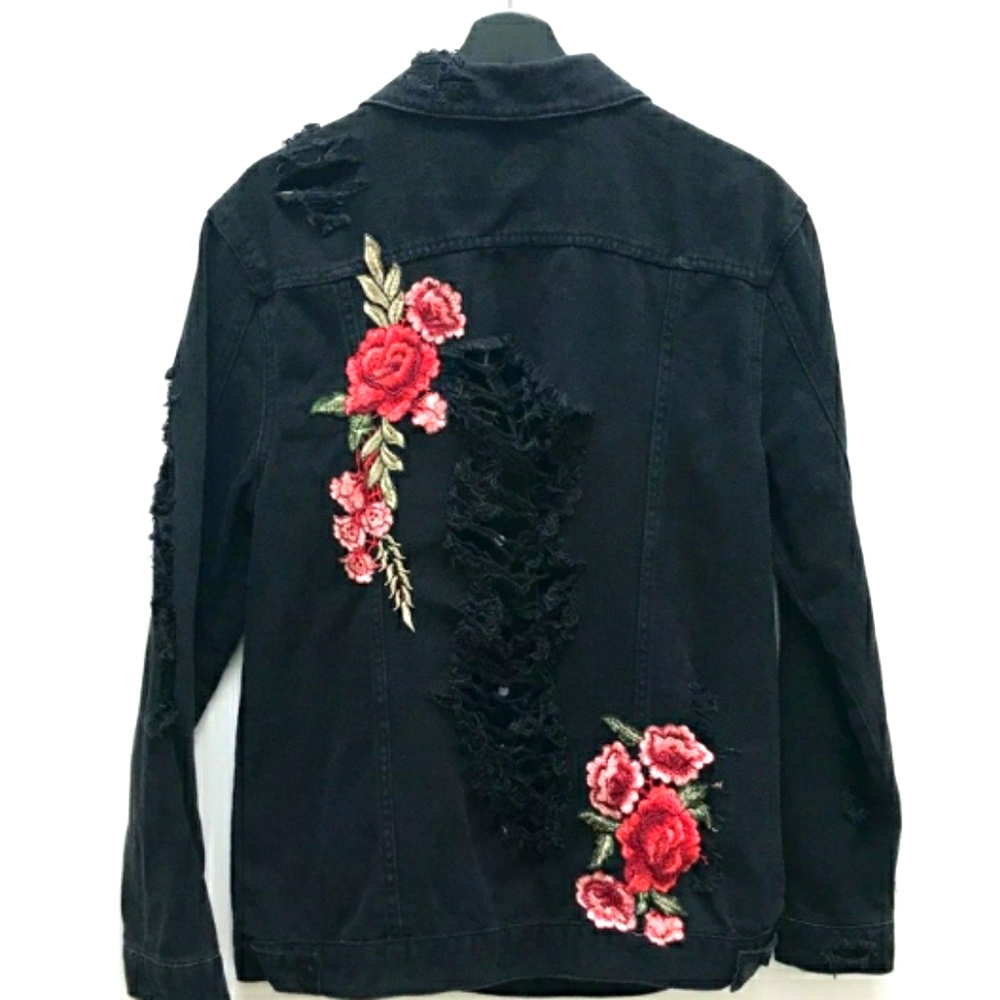 Black Jean Jacket - Deconstructed Floral Details